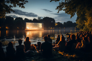 open-air cinema near a lake or water body to capture cinematic reflections of the movie on the water's surface, creating a visually stunning photo