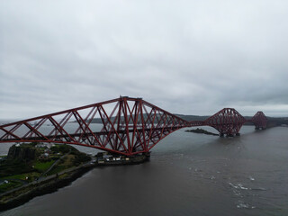 The Forth rail bridge is a cantilever railway bridge across the Firth of Forth. Cinematic aerial drone shot