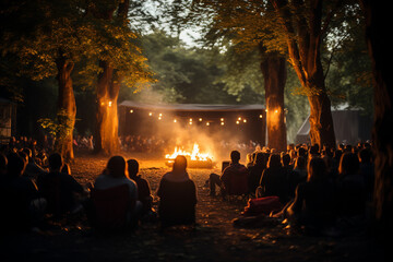 open-air cinema within a circle of people around a campfire, creating a cinematic scene that blends the warmth of the fire with the magic of movies in a photo