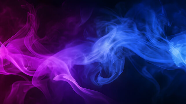 Waves of neon swirling blue and purple smoke dark abstract background