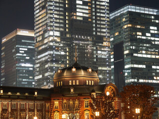Fototapeta na wymiar 東京駅と周辺の高層ビルの夜景の景色