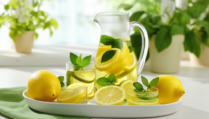 Refreshing lemon and lime infused water in traditional glasses on white kitchen counter - obrazy, fototapety, plakaty