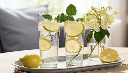 Refreshing lemon and lime infused water in traditional glasses on white kitchen counter