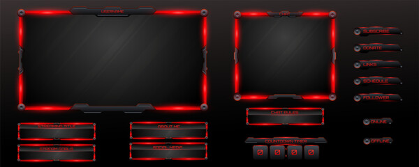 Black and Glow Red Border Futuristic Live Stream Overlay Webcam Frames and Stream Info Screen Panels on Black Background - obrazy, fototapety, plakaty
