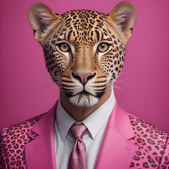 Portrait of a leopard in a pink suit.