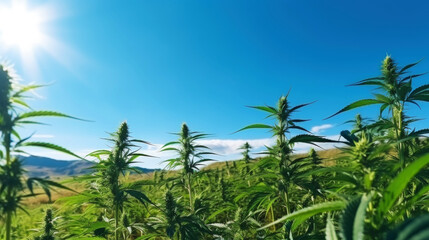 Fototapeta premium Close up of cannabis sativa plant on a field, sunny day. Industrial medical marijuana concept. Generative AI