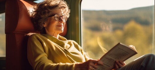 Mature woman enjoying a scenic train journey, reading a book and sipping hot tea. Relaxing travel experience