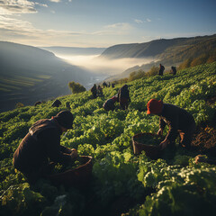 View of harvesters picking grapes in a winery region 