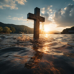 Illustration of a Christian cross in water with sunset gentle light in the background