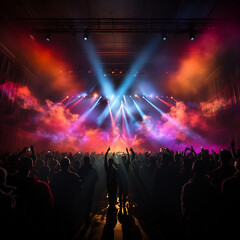 Illustration of a concert hall with projection light and crowd cheering on music
