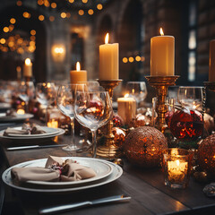 Christmas scene with table, decorations and tree