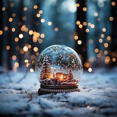 Illustration of a Christmas snowball in front of a snowy landscape