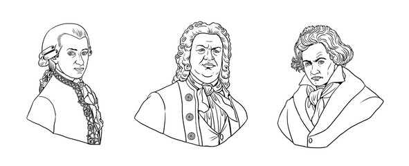 Portraits of world-famous composers: Mozart, Bach and Beethoven. Drawing with busts of well-known musicians.