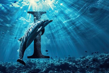 letter I with dolphin underwater animal alphabet - obrazy, fototapety, plakaty