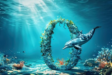 letter O with dolphin underwater animal alphabet - obrazy, fototapety, plakaty