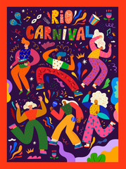 Poster carnival party.  Design for Brazil Carnival. Decorative illustration with dancing people. Music festival illustration
