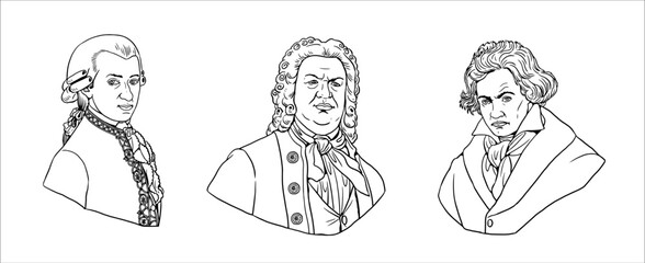 Portraits of world-famous composers: Mozart, Bach and Beethoven. Drawing with busts of well-known musicians. Vector drawing.