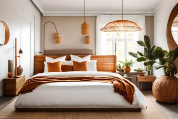 Fototapeta premium natural bedroom interior with a focus on brown and orange pillows on a white bed