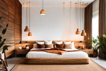 natural bedroom interior with a focus on brown and orange pillows on a white bed