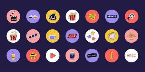 Round cinema stickers y2k set, highlights icons in retro style. Movie elements, mascot popcorn, objects in 2000s. Vector