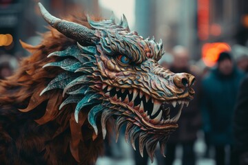Vibrant chinese new year parade with captivating long dragon puppet, capturing festive enthusiasm.