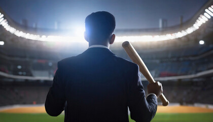 Rear view of man in business suit at baseball stadium holding baseball bat - obrazy, fototapety, plakaty