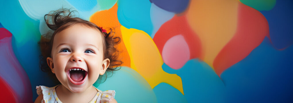 Joyful little girl with open mouth, curly hair and shining eyes laughing on bright abstract background with shimmering colors. Childish carefree. Close-up portrait child. Ultra wide banner. Copy space