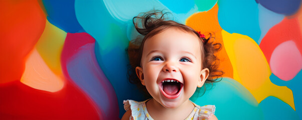 Joyful little girl with open mouth, curly hair and shining eyes laughing on bright abstract background with shimmering colors. Childish carefree. Close-up portrait child. Ultra wide banner. Copy space - obrazy, fototapety, plakaty