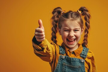 Cheerful young girl posing with a thumbs up, excited expression