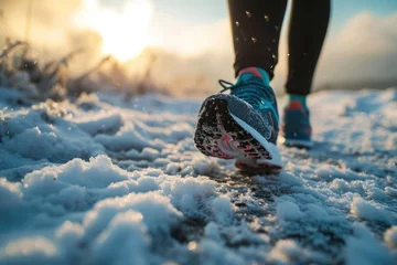 Deurstickers Close-up of woman's running shoes and legs on snowy ground, jogging outdoors © furyon