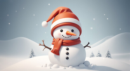 Cute snowman in knitted hat and scarf on simple clean background with space for text. Template postcard, banner, wallpaper. 