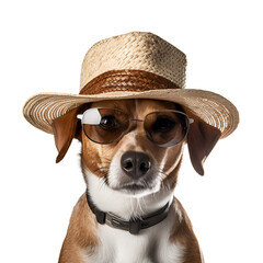 Cool dog in summer clothes, straw hat and sunglasses: Embodying the Summer fun concept, Isolated on Transparent Background, PNG - obrazy, fototapety, plakaty