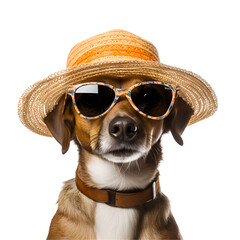 Dog sporting cool sunglasses and straw hat in summer outfit: The essence of Summer fun, Isolated on Transparent Background, PNG