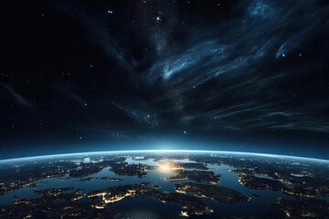Captivating image offers stunning view of planet earth from space during serene hours of night. Deep blue hues of atmosphere create mesmerizing backdrop providing canvas for luminous city lights