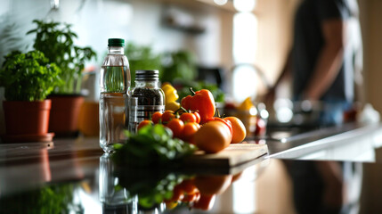 Healthy new year resolutions. Healthy Eating Lifestyle with Fresh Fruits and Supplements. A kitchen with glass of water, fresh fruits, vegetables, and a selection of dietary supplements. - obrazy, fototapety, plakaty