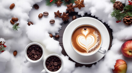 White cup of tasty coffee or cappuccino with heart latte art on white snow with spices and coffee beans - Powered by Adobe