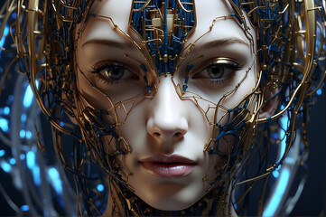 Woman Face Cyborg  Artificial Intelligence With Circuits. Fututistic Tech Image.