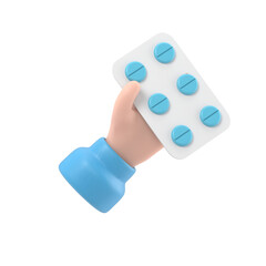 3d render. Pack of pills icon. Doctor or pharmacist cartoon hand with black skin holding drugs. Medical healthcare illustration. Pharmaceutical clip art.Supports PNG files with transparent backgrounds