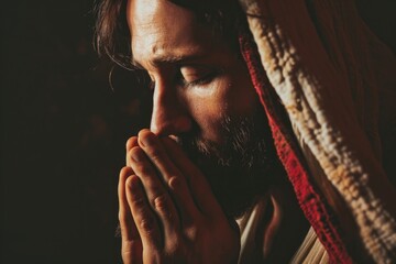 Jesus Christ in deep prayer, isolated, focused