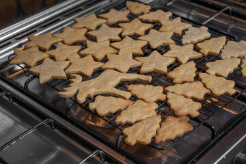 Christmas gingerbread cookies on oven rack - 696845714