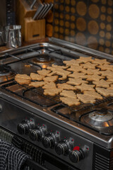 Christmas gingerbread cookies on oven rack - 696845731