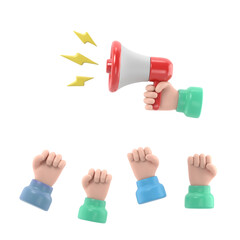 Cartoon hands of demonstrants and hand with Megaphone,protest concept,revolution,conflict,3d illustration in flat design .Supports PNG files with transparent backgrounds.
