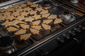 Christmas gingerbread cookies on oven rack - 696845795