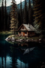 Wood cabin on a lake. Log cabin surrounded by trees and water in natural landscape.