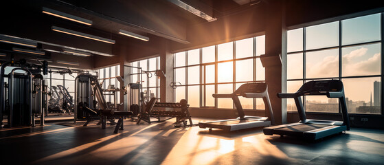 Still life photo of interior modern fitness center gym with a workout room. Empty space for text. - obrazy, fototapety, plakaty