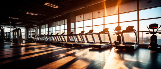 Still life photo of interior modern fitness center gym with a workout room. Empty space for text.