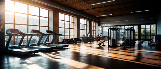 Still life photo of interior modern fitness center gym with a workout room. Empty space for text.