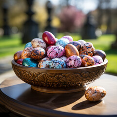 Illustration of a basket of Easter Eggs chocolate in front a green garden