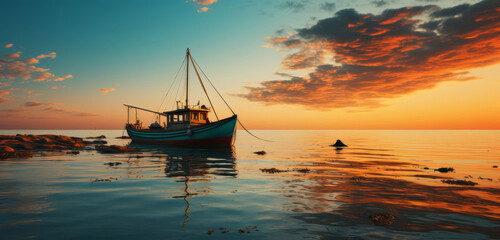 Fishing boat on the beach in Sopot, Poland. Magnificent long exposure calm Baltic Sea. Wallpaper...