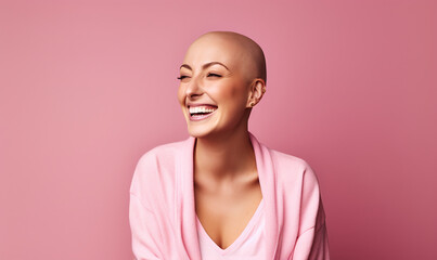Brave woman with a bald head smiling confidently, symbolizing cancer awareness